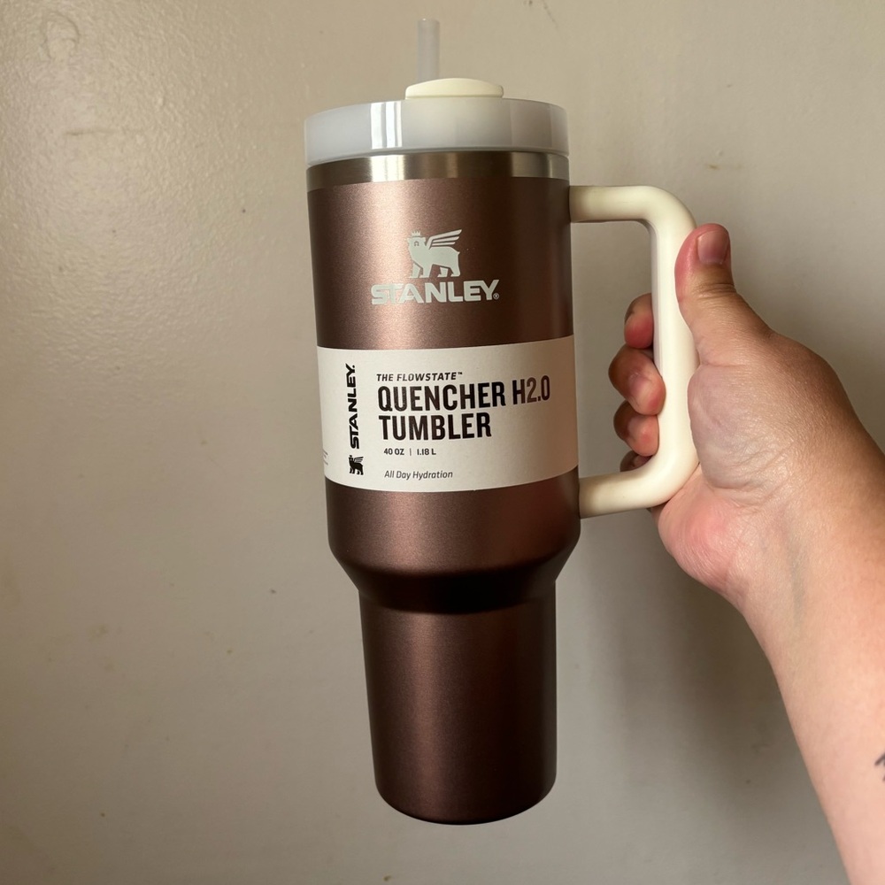 40 ounce Rose Gold Stanley quencher with straw